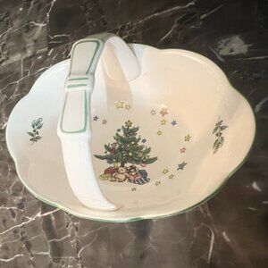 Nikko Japan Christmas Holly Handled Candy Dish Holiday Serving Bowl